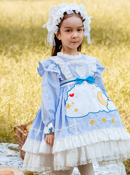 Cartoon Stars Moon Pattern Children Sweet Lolita Kids Blue Long Sleeve Dress