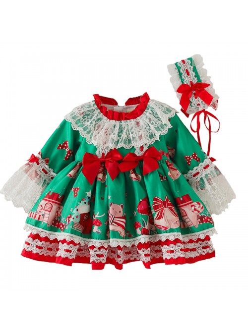 Christmas Party Printing Children Sweet Lolita Kids Green Long Sleeve Dress