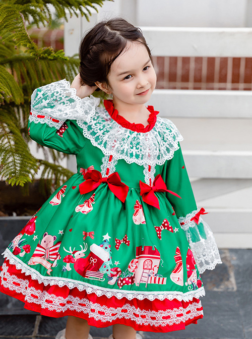 Christmas Party Printing Children Sweet Lolita Kids Green Long Sleeve Dress
