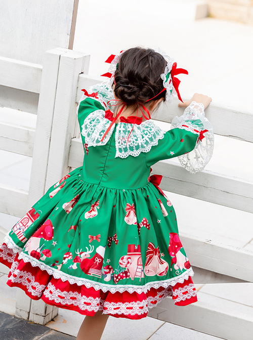 Christmas Party Printing Children Sweet Lolita Kids Green Long Sleeve Dress