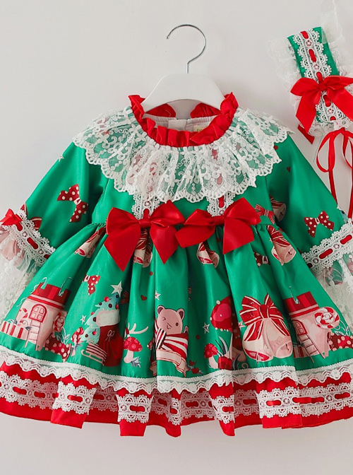 Christmas Party Printing Children Sweet Lolita Kids Green Long Sleeve Dress
