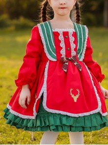 Winter Red And Green Christmas Style Bowknot Children Sweet Lolita Kids Thicken Red Long Sleeve Dress
