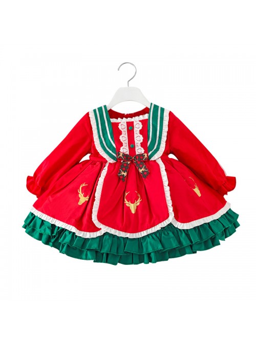 Winter Red And Green Christmas Style Bowknot Children Sweet Lolita Kids Thicken Red Long Sleeve Dress