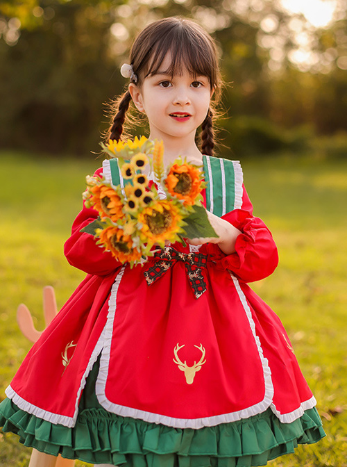 Winter Red And Green Christmas Style Bowknot Children Sweet Lolita Kids Thicken Red Long Sleeve Dress