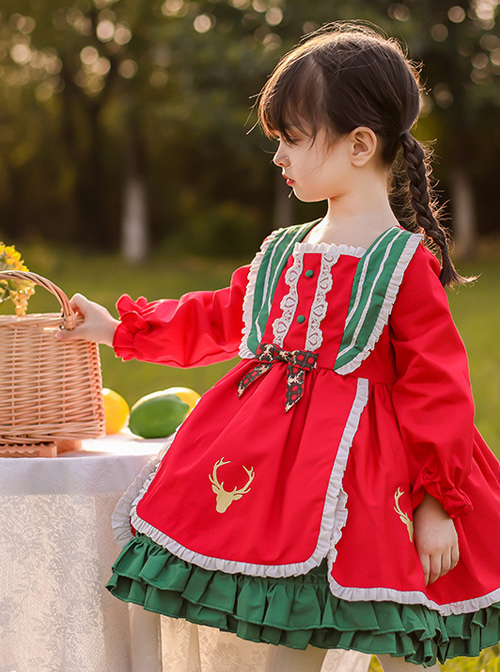 Winter Red And Green Christmas Style Bowknot Children Sweet Lolita Kids Thicken Red Long Sleeve Dress