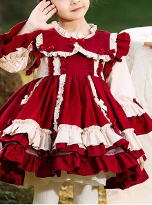 Autumn Winter Bowknot Ruffle Delicate Children Sweet Lolita Kids Wine Red Long Sleeve Dress