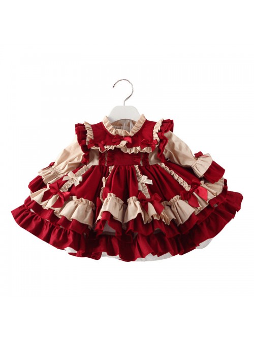 Autumn Winter Bowknot Ruffle Delicate Children Sweet Lolita Kids Wine Red Long Sleeve Dress