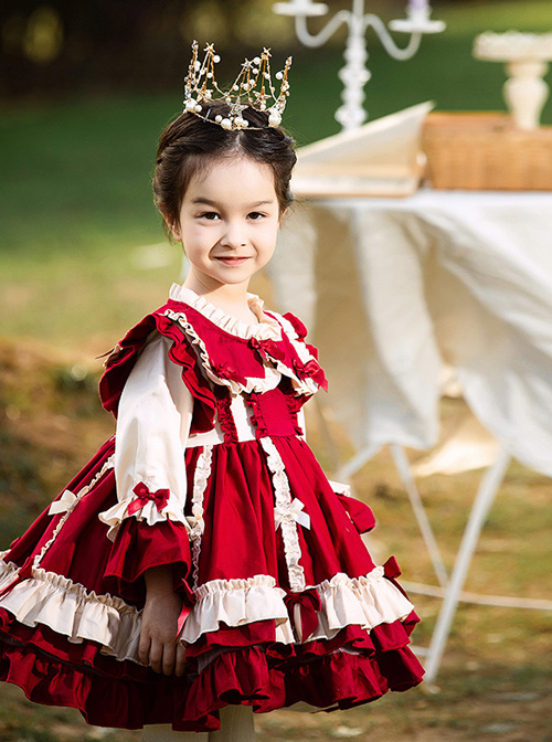 Autumn Winter Bowknot Ruffle Delicate Children Sweet Lolita Kids Wine Red Long Sleeve Dress