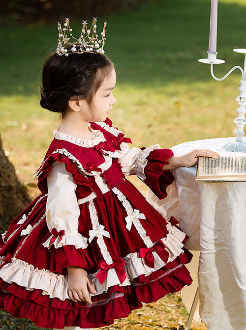 Autumn Winter Bowknot Ruffle Delicate Children Sweet Lolita Kids Wine Red Long Sleeve Dress