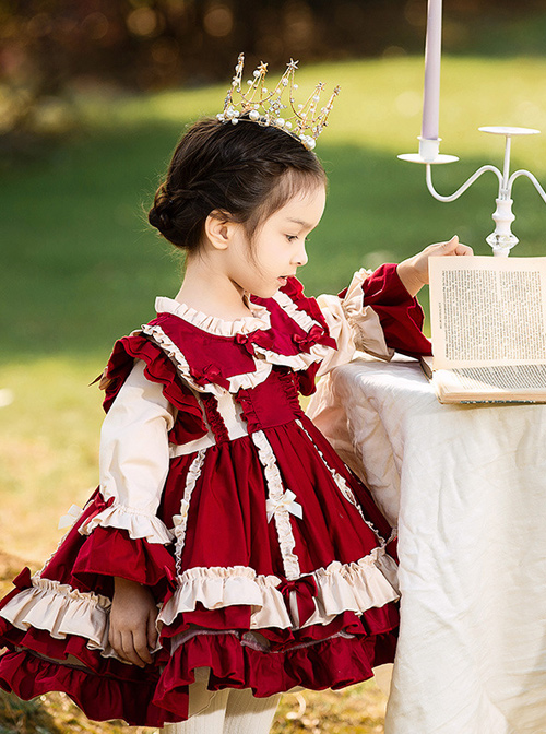 Autumn Winter Bowknot Ruffle Delicate Children Sweet Lolita Kids Wine Red Long Sleeve Dress