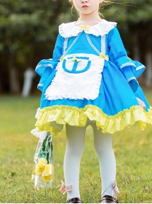 Doll Collar Alice Style Ruffle Hem Children Sweet Lolita Kids Blue Long Sleeve Dress