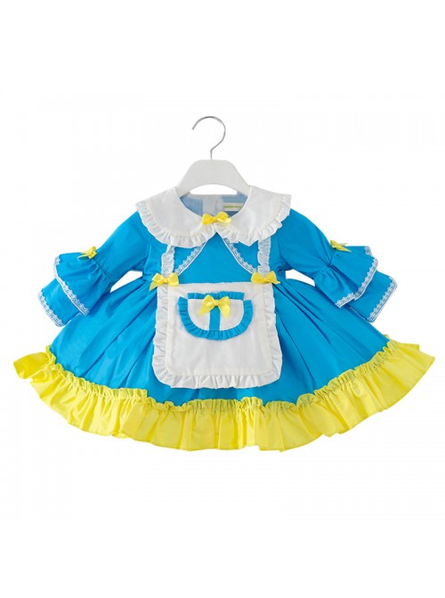 Doll Collar Alice Style Ruffle Hem Children Sweet Lolita Kids Blue Long Sleeve Dress