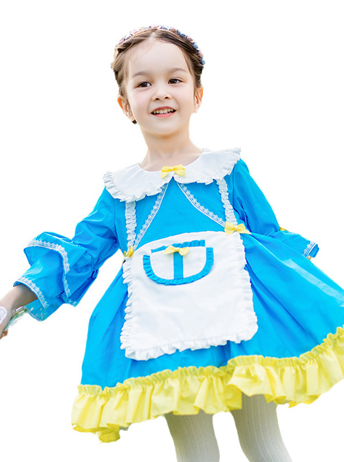 Doll Collar Alice Style Ruffle Hem Children Sweet Lolita Kids Blue Long Sleeve Dress