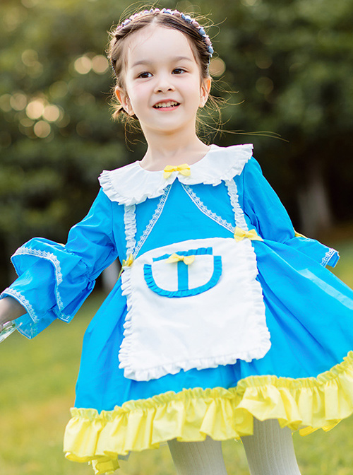 Doll Collar Alice Style Ruffle Hem Children Sweet Lolita Kids Blue Long Sleeve Dress