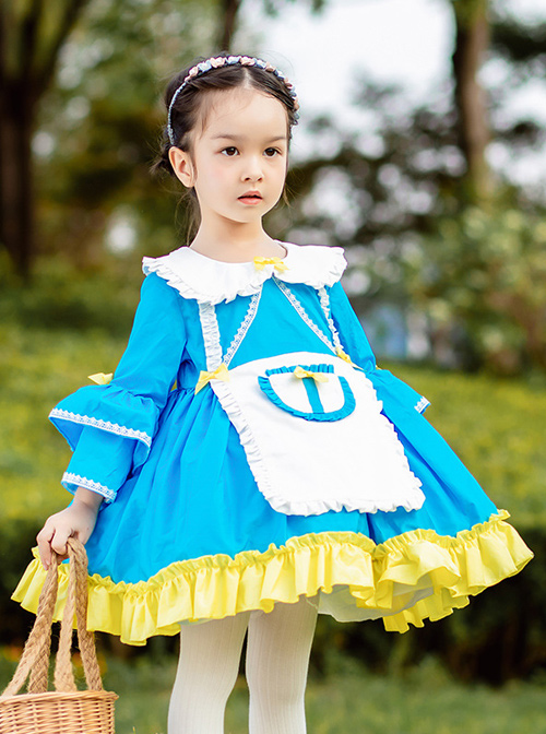 Doll Collar Alice Style Ruffle Hem Children Sweet Lolita Kids Blue Long Sleeve Dress