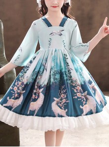 Elegant Chinese Style Classical Printing Children Classic Lolita Kids Half Sleeve Dress