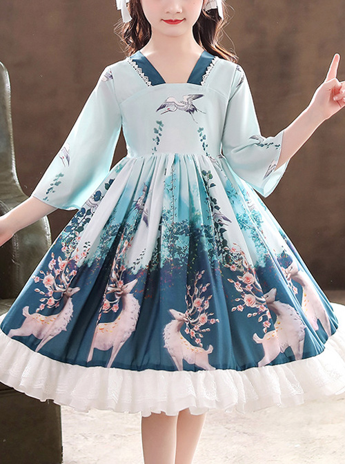 Elegant Chinese Style Classical Printing Children Classic Lolita Kids Half Sleeve Dress