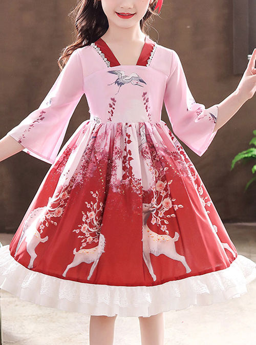 Elegant Chinese Style Classical Printing Children Classic Lolita Kids Half Sleeve Dress