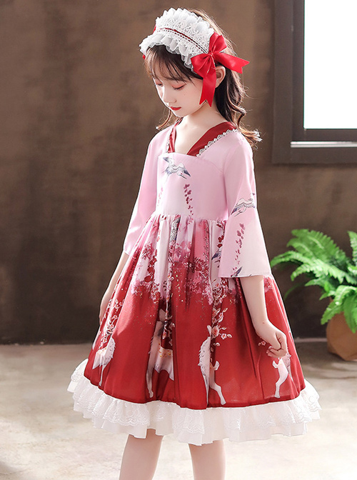 Elegant Chinese Style Classical Printing Children Classic Lolita Kids Half Sleeve Dress