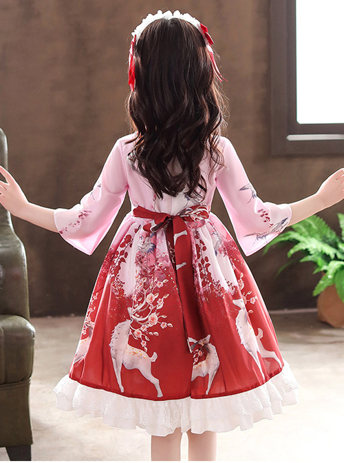 Elegant Chinese Style Classical Printing Children Classic Lolita Kids Half Sleeve Dress