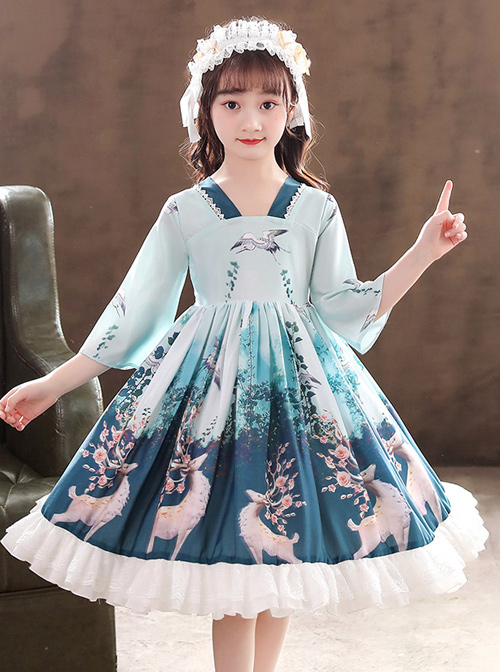 Elegant Chinese Style Classical Printing Children Classic Lolita Kids Half Sleeve Dress