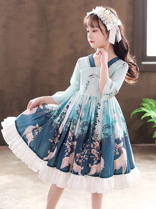 Elegant Chinese Style Classical Printing Children Classic Lolita Kids Half Sleeve Dress