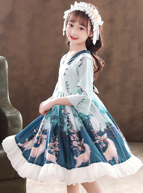 Elegant Chinese Style Classical Printing Children Classic Lolita Kids Half Sleeve Dress