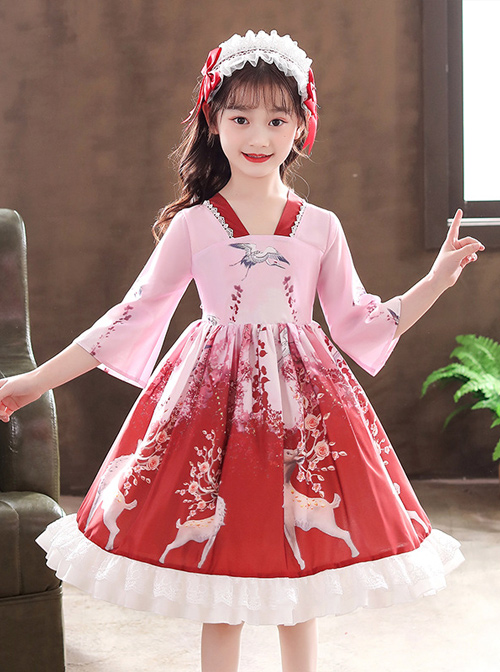 Elegant Chinese Style Classical Printing Children Classic Lolita Kids Half Sleeve Dress