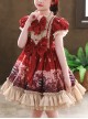 Cute Little Bear Printing Bowknot Children Sweet Lolita Wine Red Kids Short Sleeve Dress