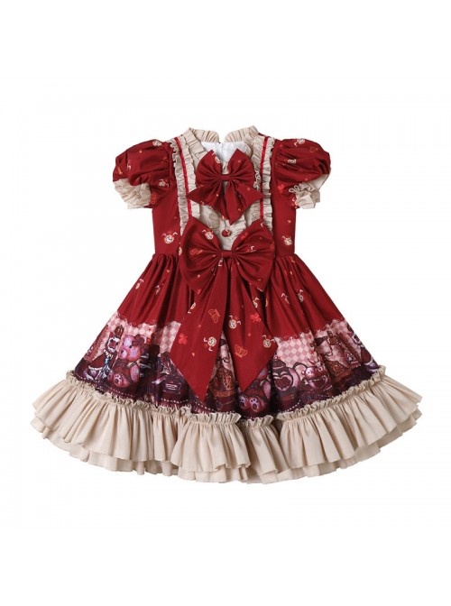 Cute Little Bear Printing Bowknot Children Sweet Lolita Wine Red Kids Short Sleeve Dress