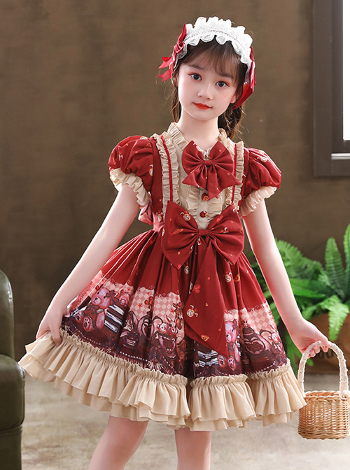 Cute Little Bear Printing Bowknot Children Sweet Lolita Wine Red Kids Short Sleeve Dress