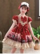 Cute Little Bear Printing Bowknot Children Sweet Lolita Wine Red Kids Short Sleeve Dress