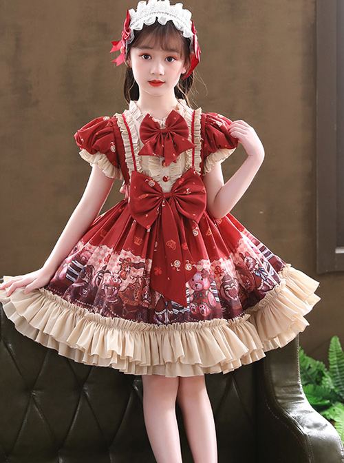 Cute Little Bear Printing Bowknot Children Sweet Lolita Wine Red Kids Short Sleeve Dress