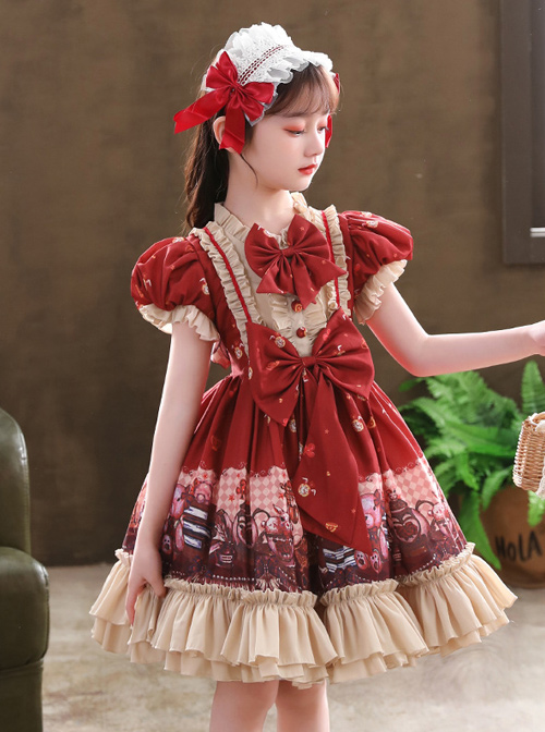 Cute Little Bear Printing Bowknot Children Sweet Lolita Wine Red Kids Short Sleeve Dress