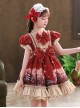 Cute Little Bear Printing Bowknot Children Sweet Lolita Wine Red Kids Short Sleeve Dress