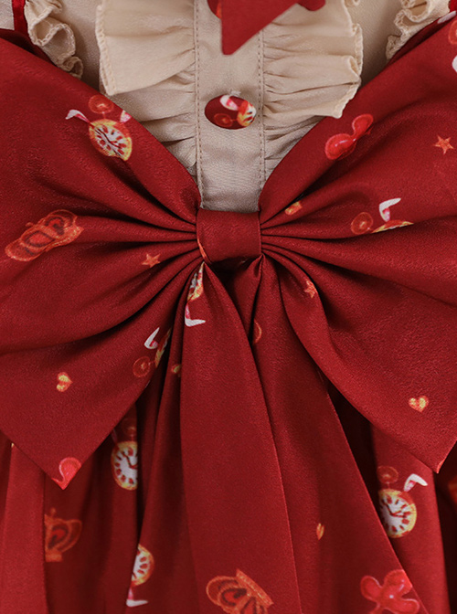 Cute Little Bear Printing Bowknot Children Sweet Lolita Wine Red Kids Short Sleeve Dress