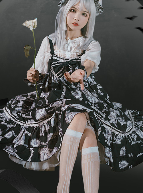 Wolf Detective Series JSK Printing Black Sweet Lolita Sling Dress