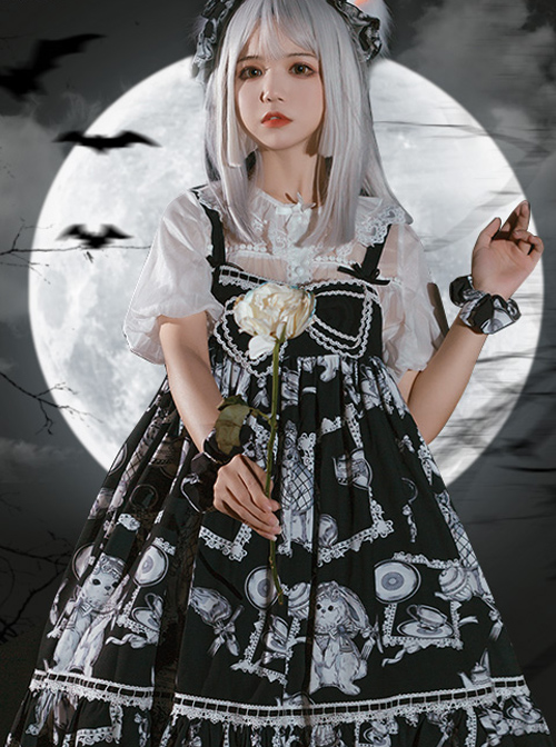 Wolf Detective Series JSK Printing Black Sweet Lolita Sling Dress