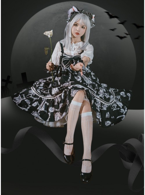 Wolf Detective Series JSK Printing Black Sweet Lolita Sling Dress