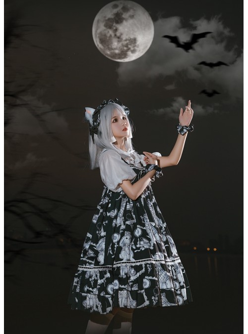 Wolf Detective Series JSK Printing Black Sweet Lolita Sling Dress