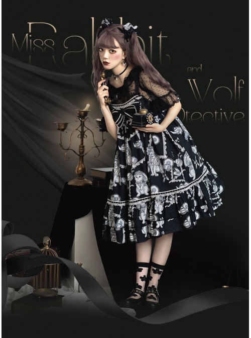 Wolf Detective Series JSK Printing Black Sweet Lolita Sling Dress