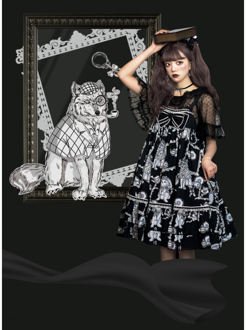 Wolf Detective Series JSK Printing Black Sweet Lolita Sling Dress