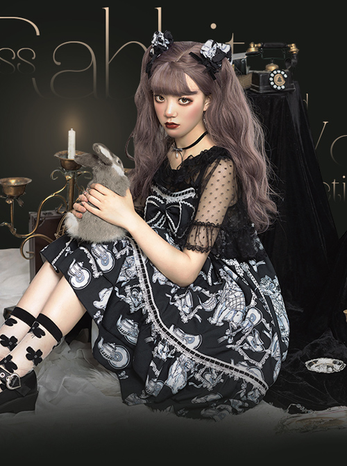 Wolf Detective Series JSK Printing Black Sweet Lolita Sling Dress