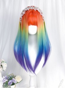 Rainbow Color Gradient Long Straight Curly Wig Sweet Lolita Wigs