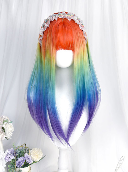 Rainbow Color Gradient Long Straight Curly Wig Sweet Lolita Wigs