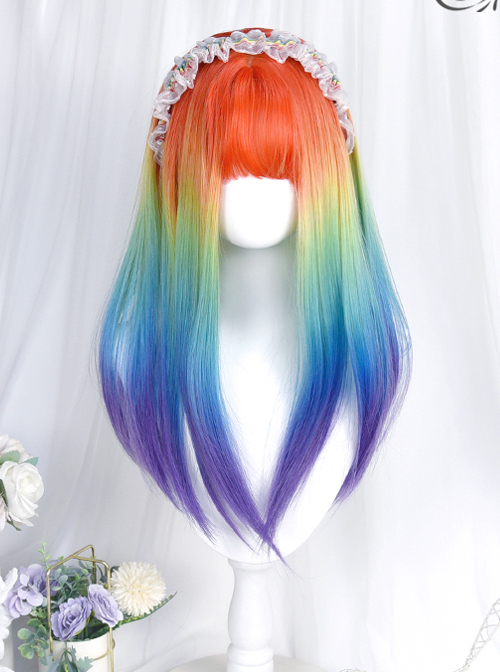 Rainbow Color Gradient Long Straight Curly Wig Sweet Lolita Wigs