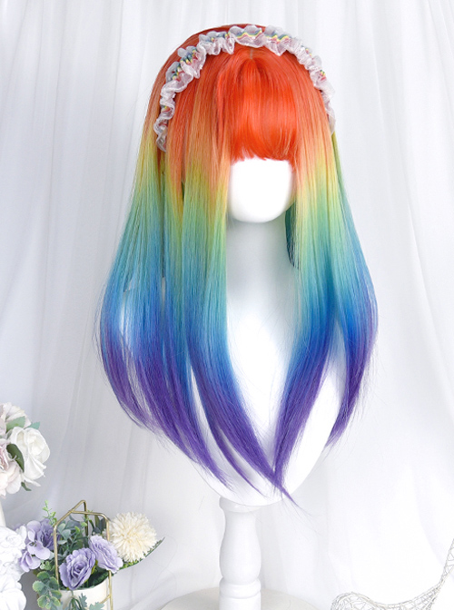 Rainbow Color Gradient Long Straight Curly Wig Sweet Lolita Wigs