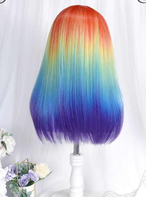 Rainbow Color Gradient Long Straight Curly Wig Sweet Lolita Wigs