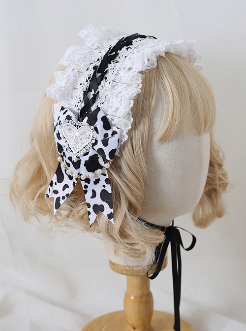 White Lace Heart Embroidery Black White Milk Cow Pattern Sweet Lolita Headband