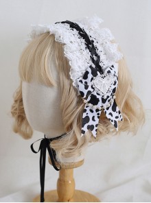 White Lace Heart Embroidery Black White Milk Cow Pattern Sweet Lolita Headband